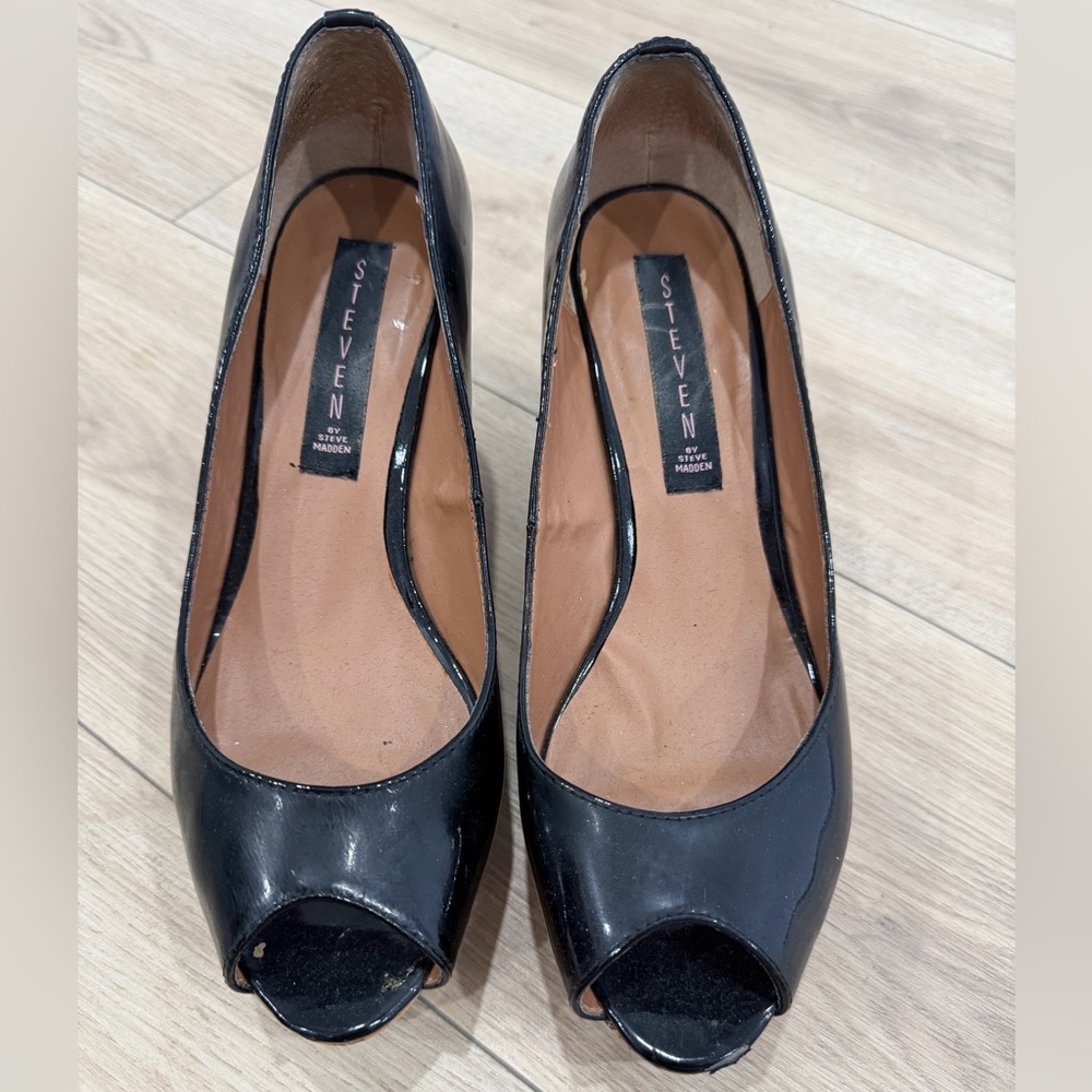 STEVEN by Steve Madden Black Patent Peep-Toe Heels